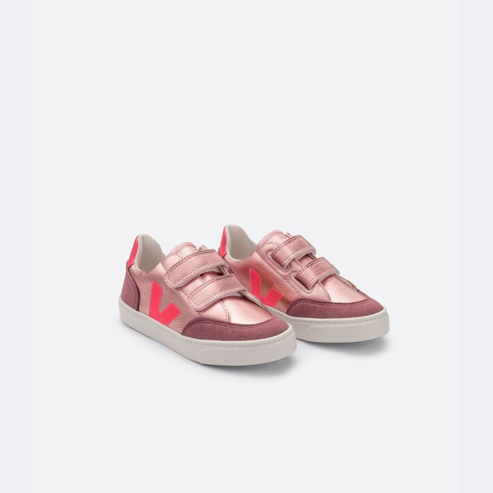 Kids' Veja V-12 Chromefree Leather Sneakers Rose | UAE-31489