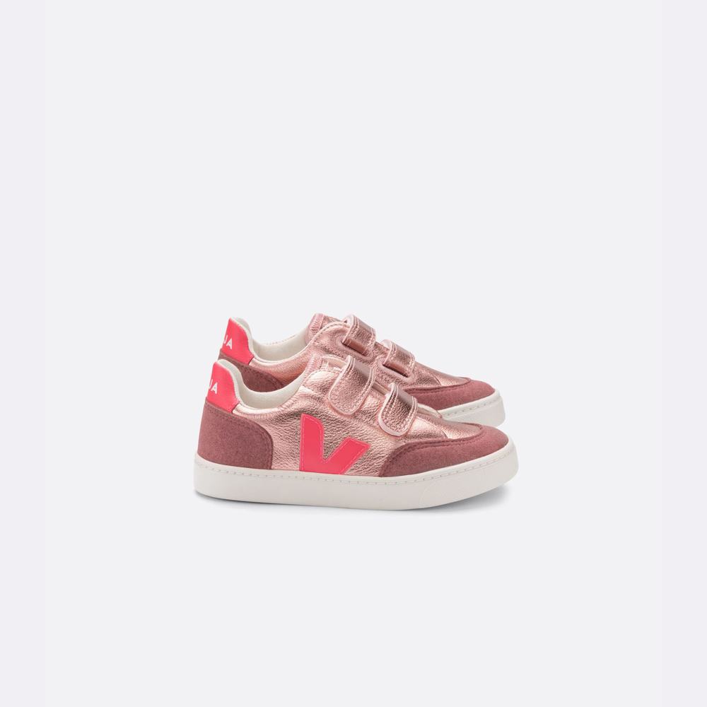 Kids\' Veja V-12 Chromefree Leather Sneakers Rose | UAE-31489