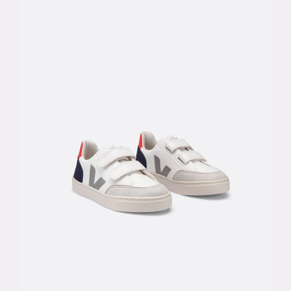 Kids' Veja V-12 Chromefree Leather Sneakers White/Multicolor | UAE-57239