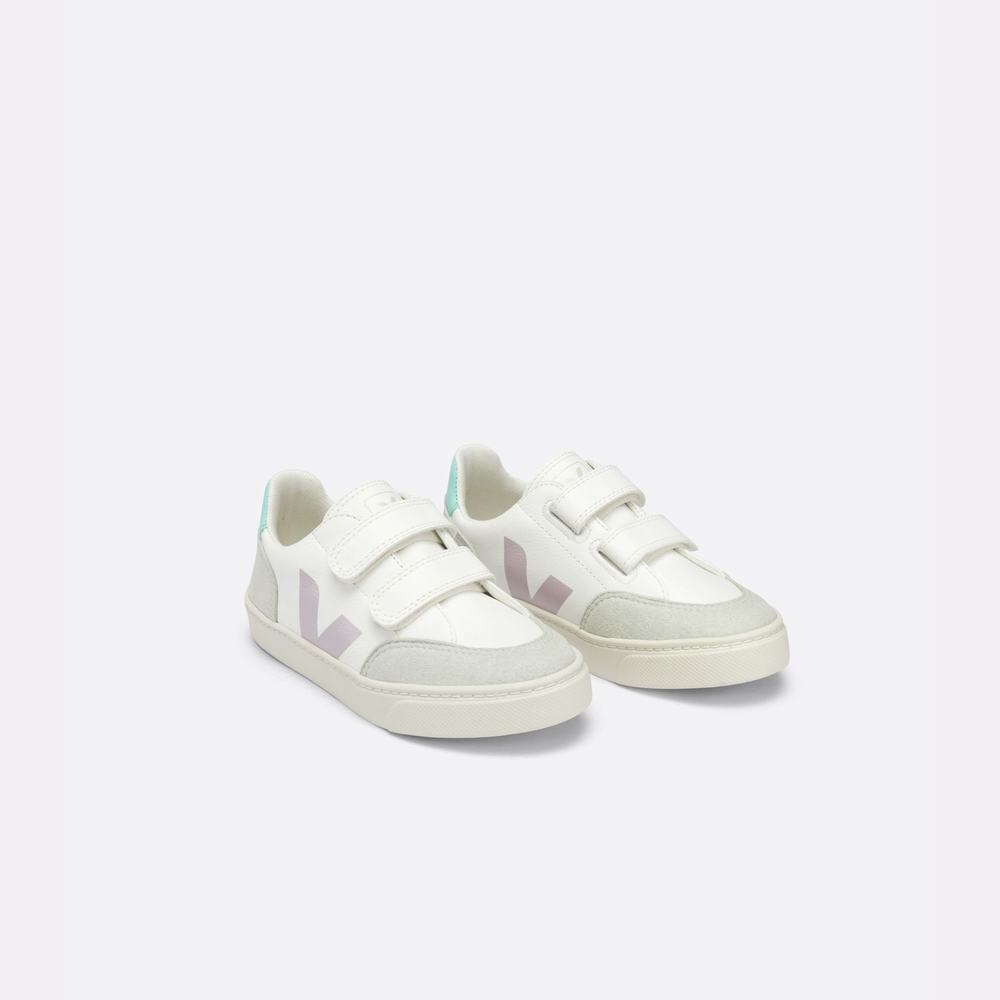 Kids' Veja V-12 Chromefree Sneakers White/Turquoise | UAE-54029