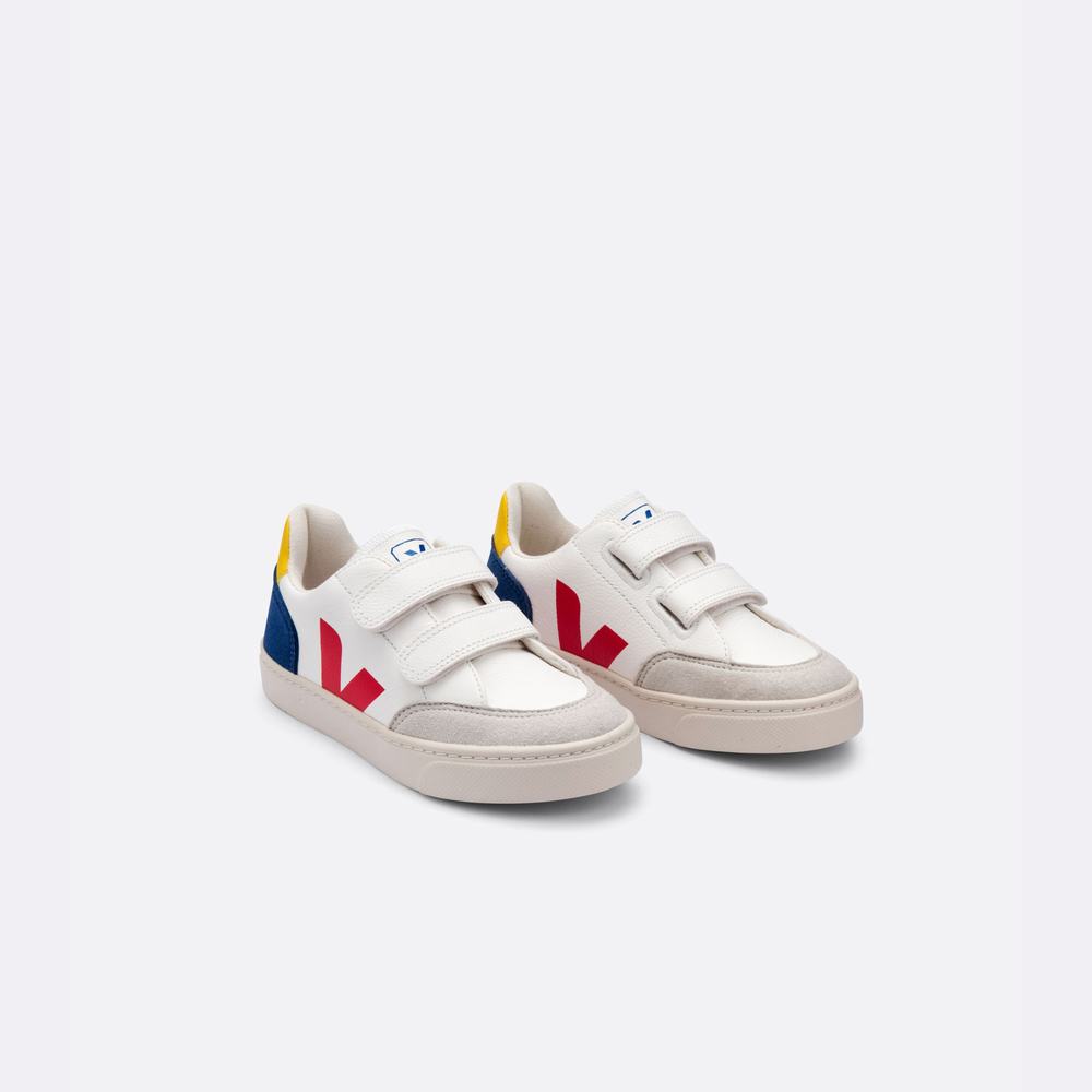 Kids' Veja V-12 Leather Sneakers White/Multicolor/Indigo | UAE-83459