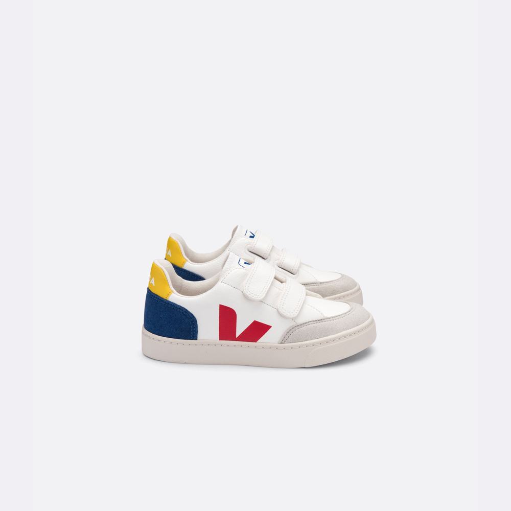 Kids\' Veja V-12 Leather Sneakers White/Multicolor/Indigo | UAE-83459