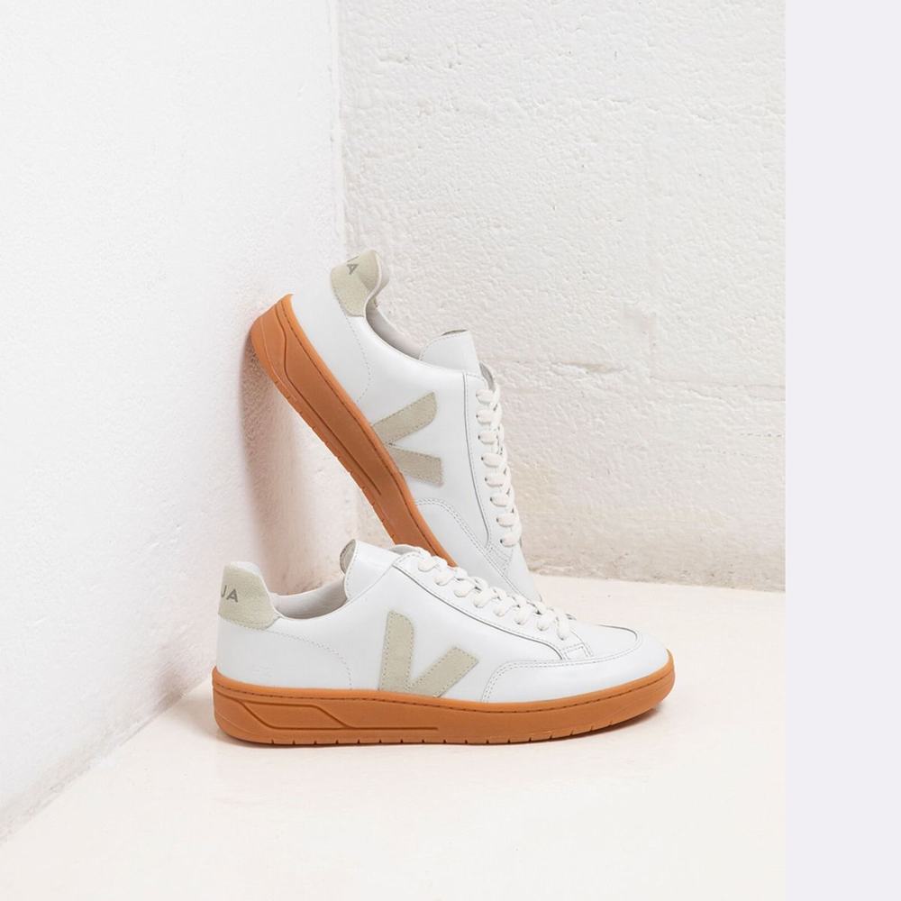 Men's Veja V-12 Leather Sneakers White/Beige | UAE-21349