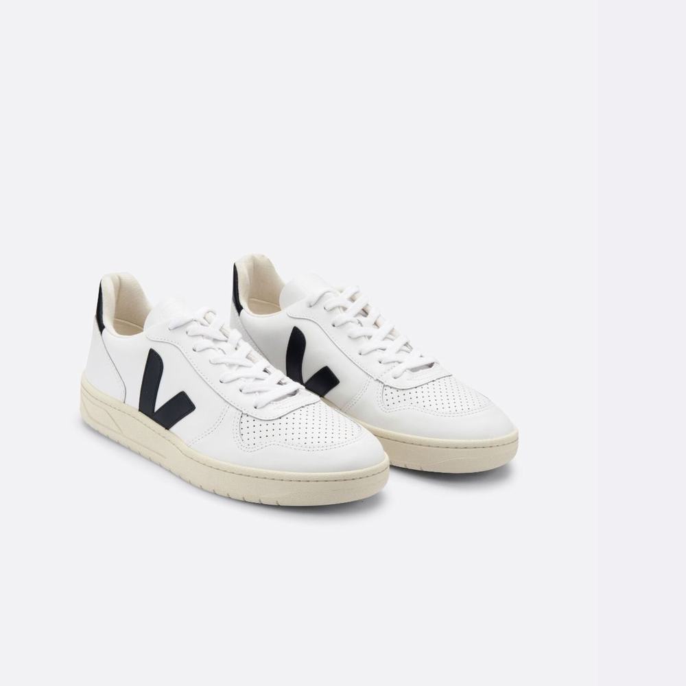 Women's Veja V-10 Leather Sneakers White/Black | UAE-67452