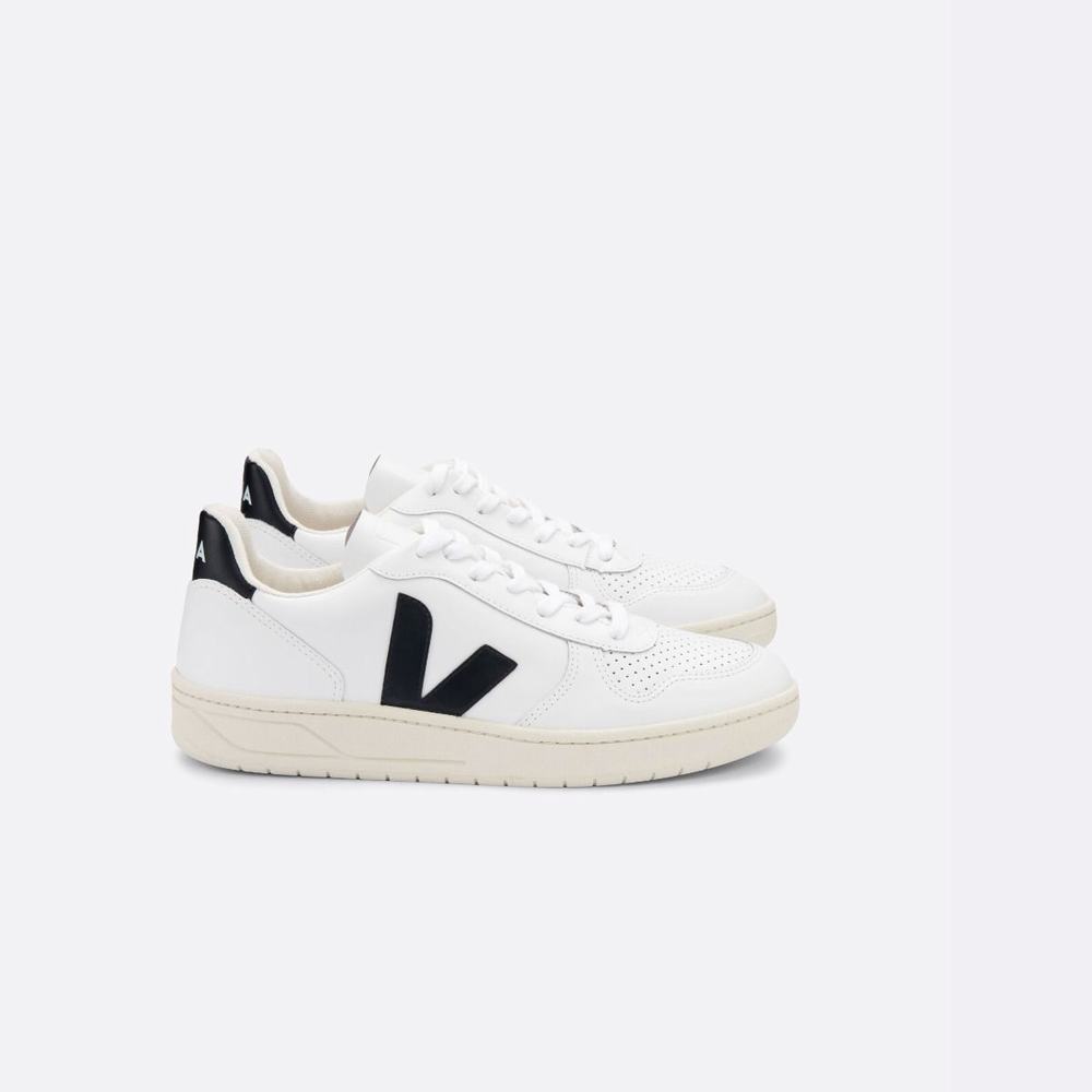 Women\'s Veja V-10 Leather Sneakers White/Black | UAE-67452