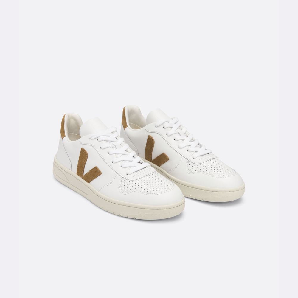 Women's Veja V-10 Leather Sneakers White/Brown | UAE-85196