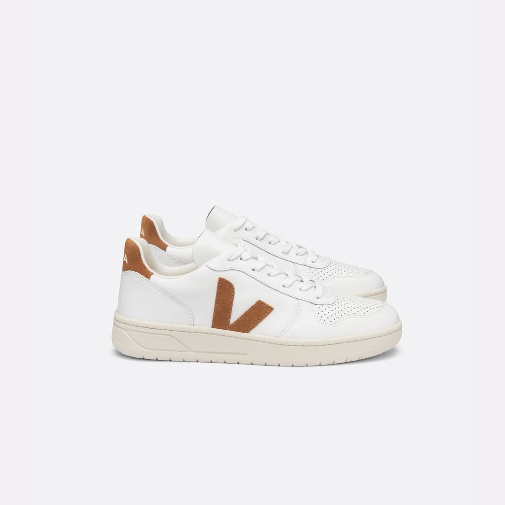 Women\'s Veja V-10 Leather Sneakers White/Brown | UAE-85196