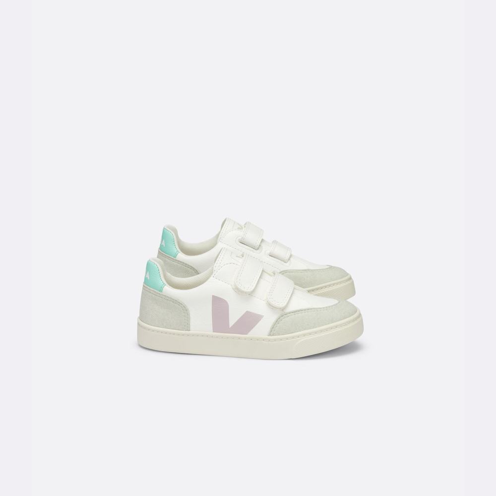 Kids' Veja V-12 Chromefree Sneakers White/Turquoise | UAE-54029